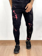 Calça Sarja Masculina Super Skinny Preta Destroyed Respingo Rosa