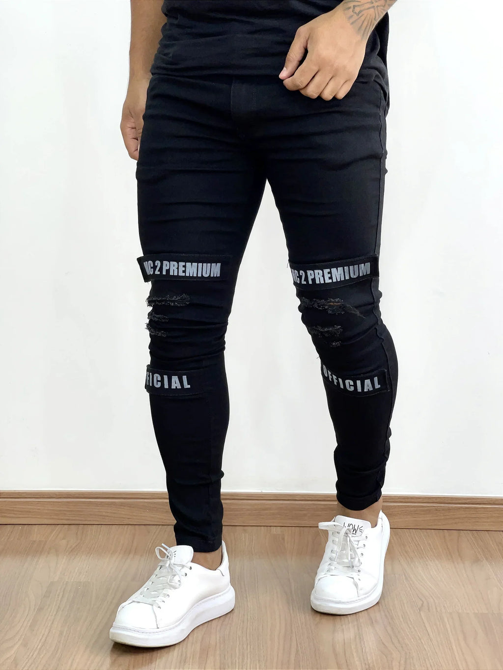 Calça Sarja Masculina Super Skinny Preta Detalhes Velcro